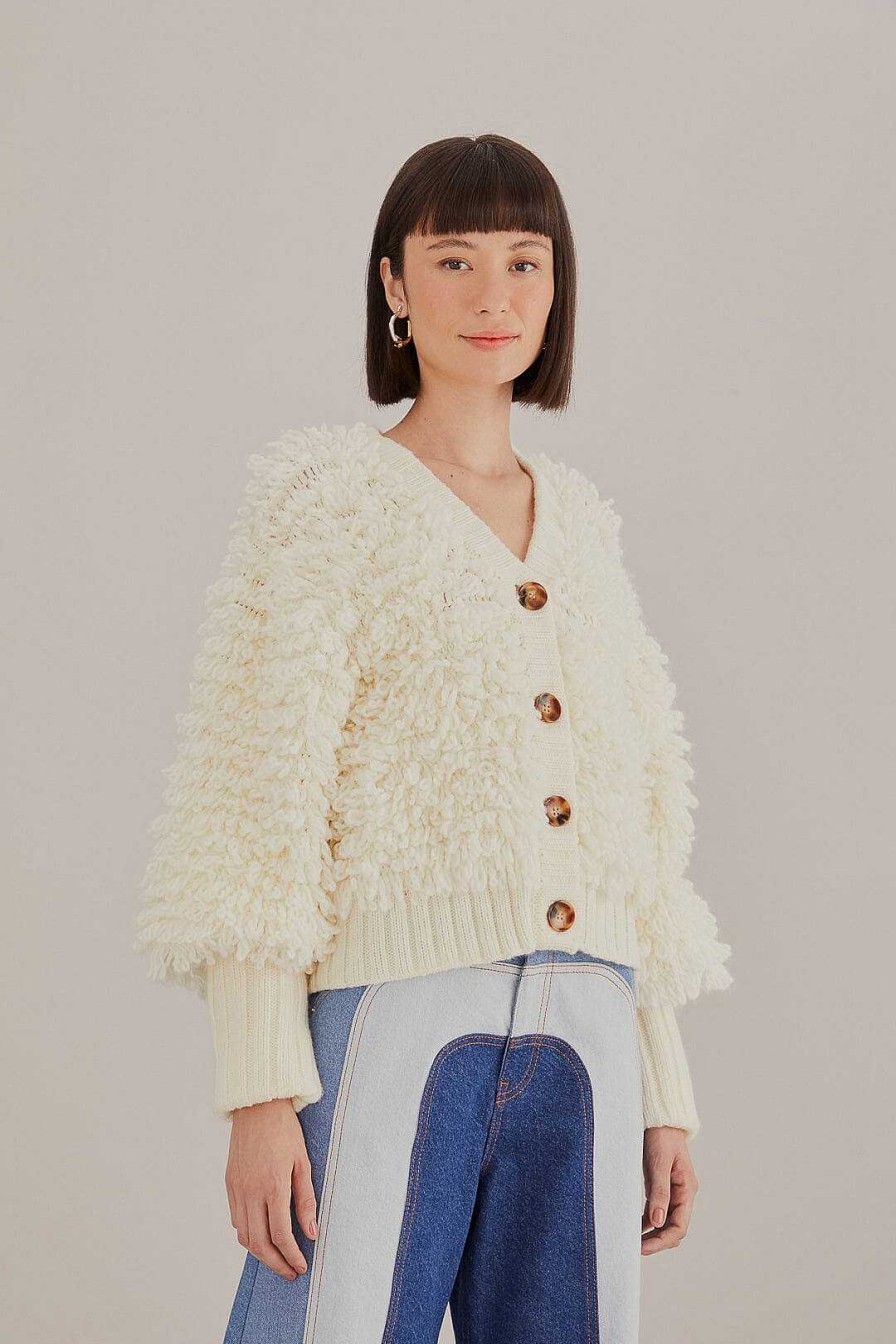 Knitwear FARM Rio | Off-White Textured V Neck Cardigan