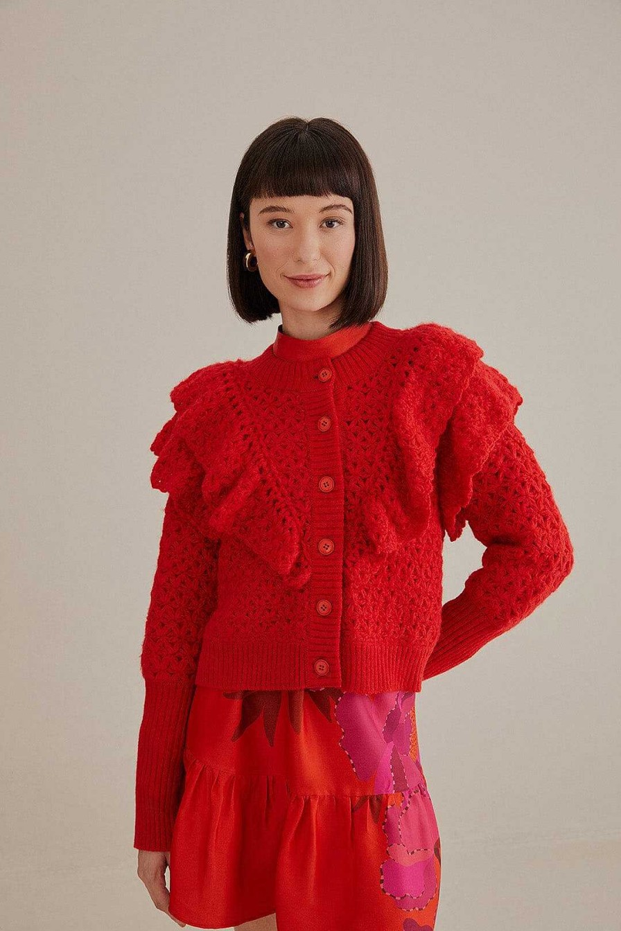 Knitwear FARM Rio | Red Flower Texture Knit Cardigan