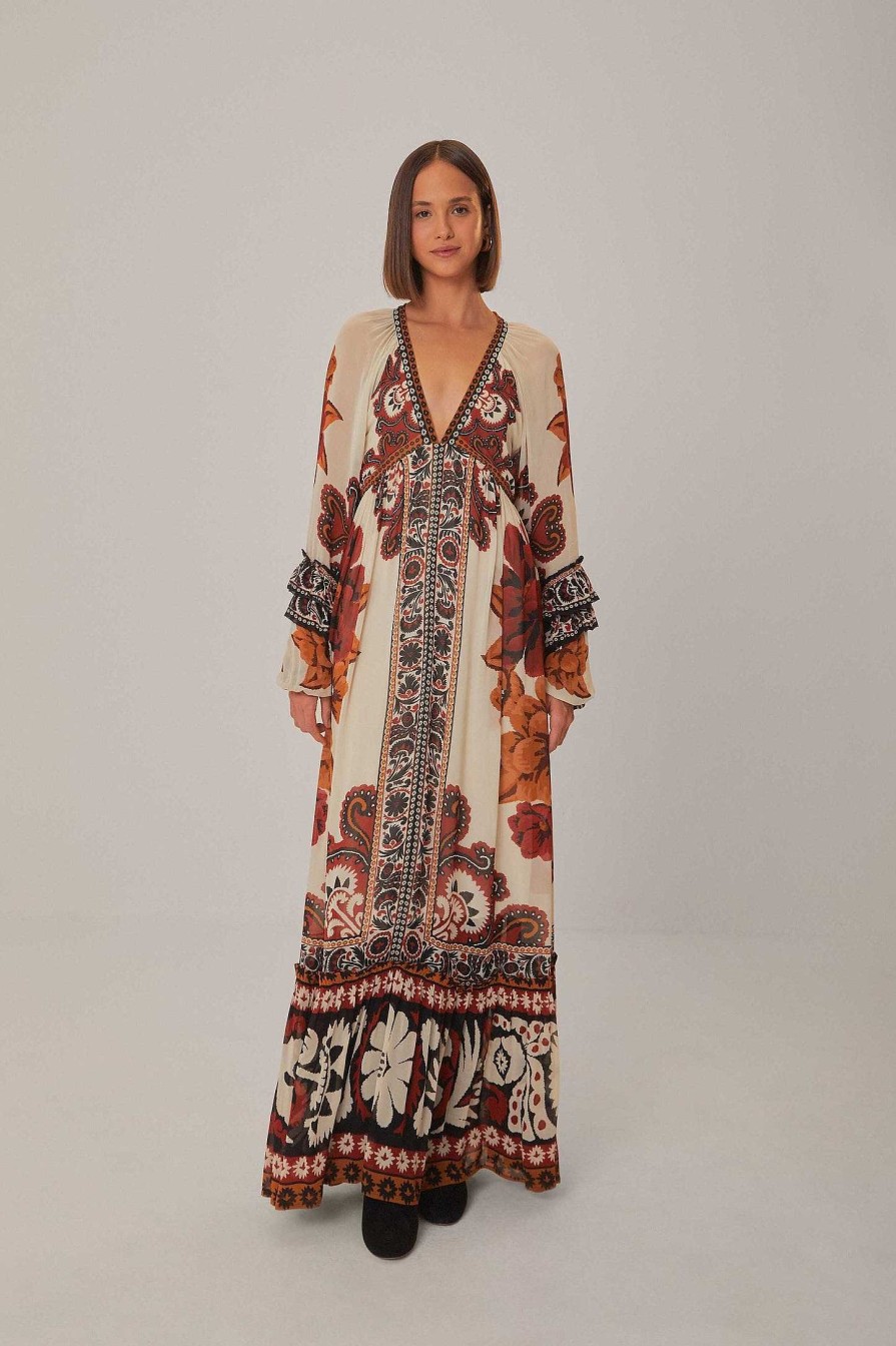 Dresses FARM Rio | Sand Winter Tapestry V Neck Maxi Dress