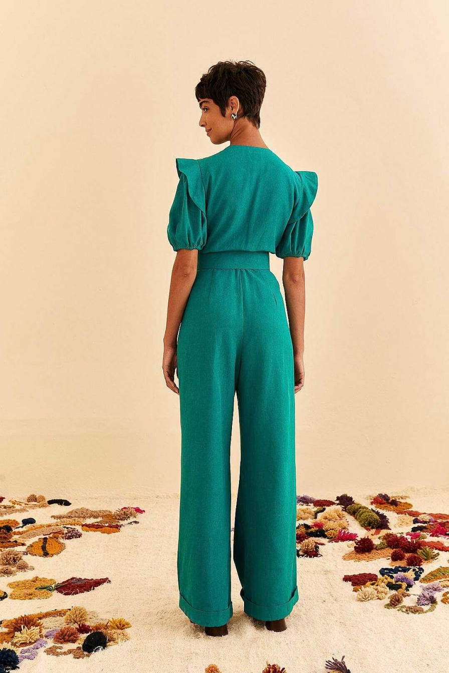 Jumpsuits & Rompers FARM Rio | Emerald Pleated Short Sleeve Jumpsuit