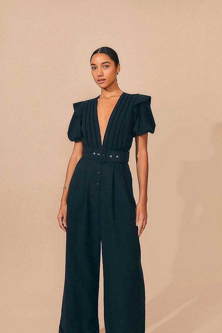 Jumpsuits & Rompers FARM Rio | Black Pleated Short Sleeve Jumpsuit