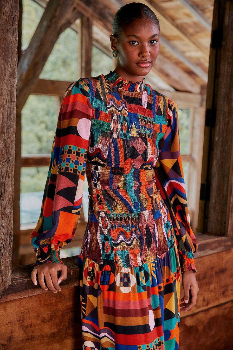 Dresses FARM Rio | Multicolor Tropical Shapes Midi Dress