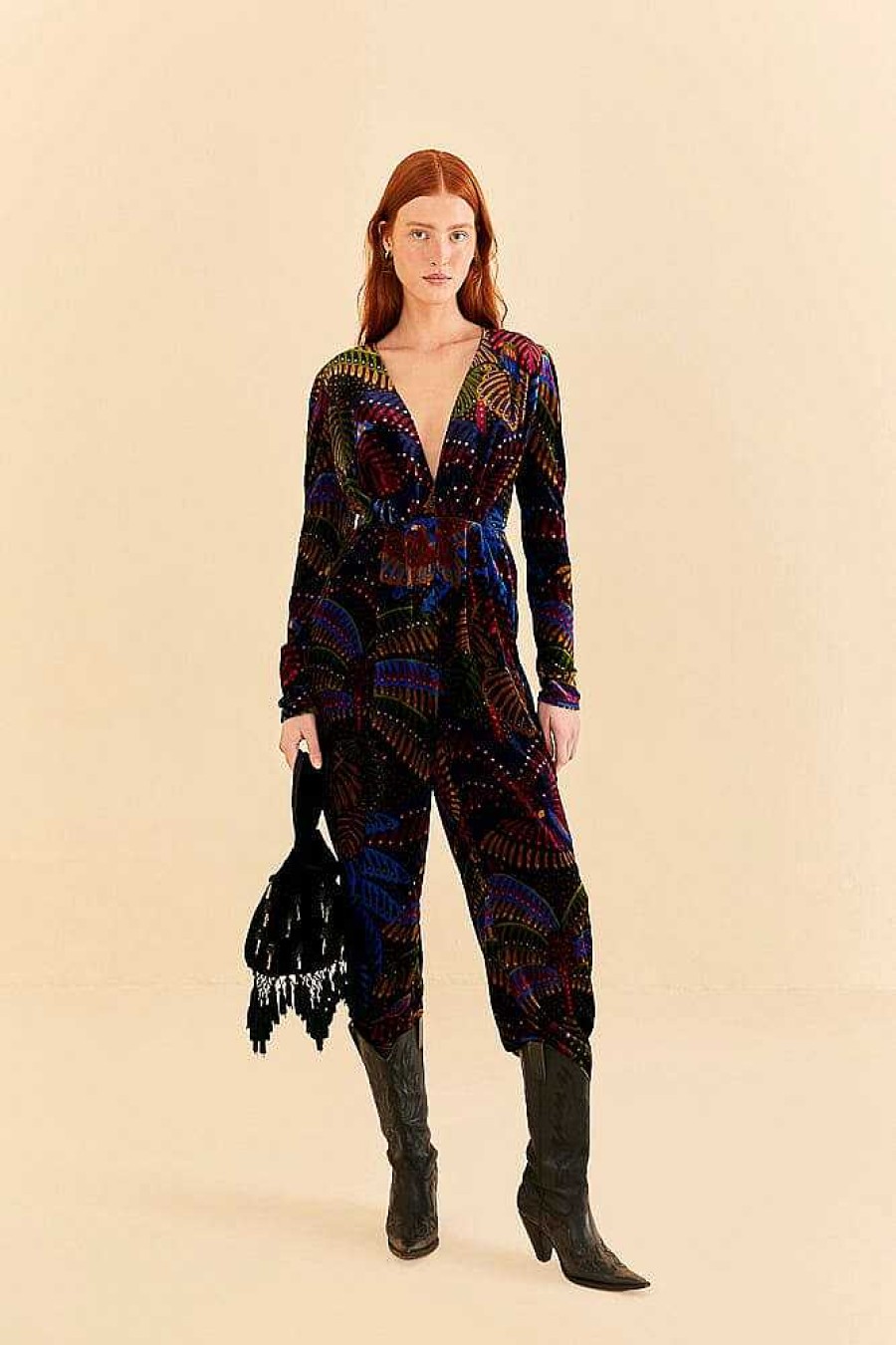 Jumpsuits & Rompers FARM Rio | Black Midnight Island V Neck Velvet Jumpsuit