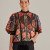 Tops, Shirts & Blouses FARM Rio | Black Stitched Flowers Short Sleeve Blouse