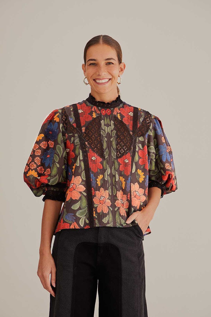 Tops, Shirts & Blouses FARM Rio | Black Stitched Flowers Short Sleeve Blouse