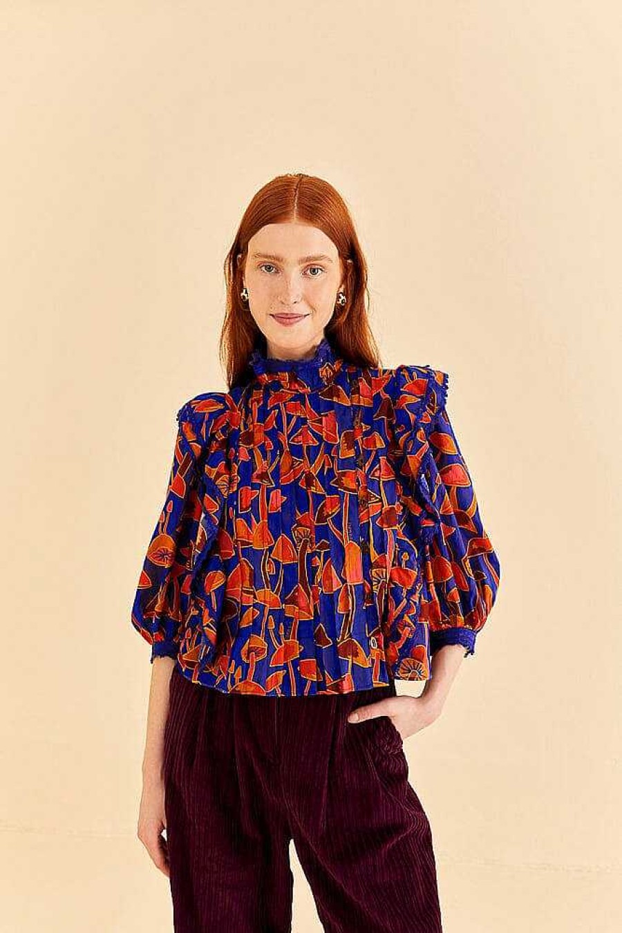 Tops, Shirts & Blouses FARM Rio | Bright Blue Mushroom Sketch Blouse