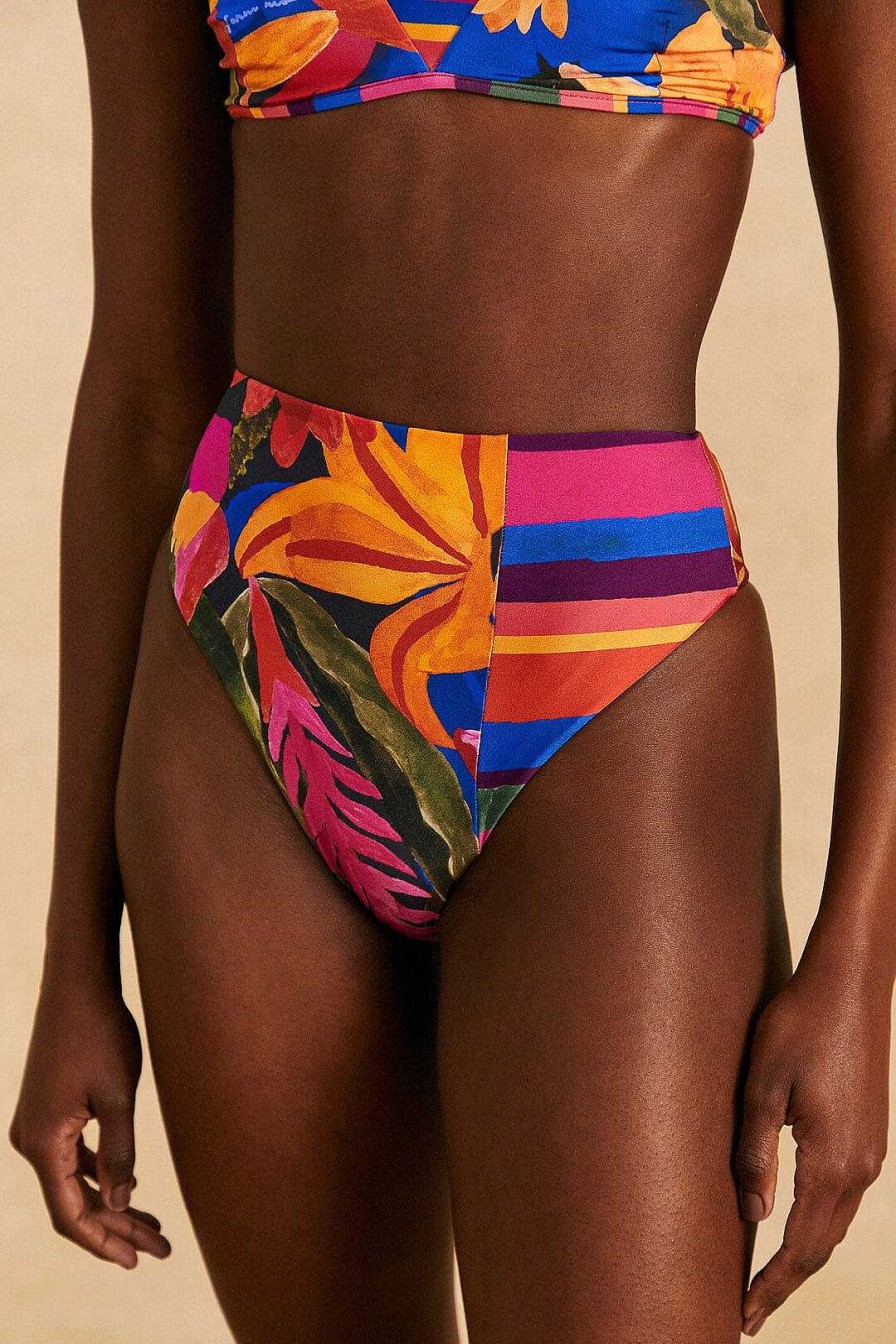 Swimwear FARM Rio | Blue Floral Tropical & Colorful Stripes High Waisted Bikini Bottom