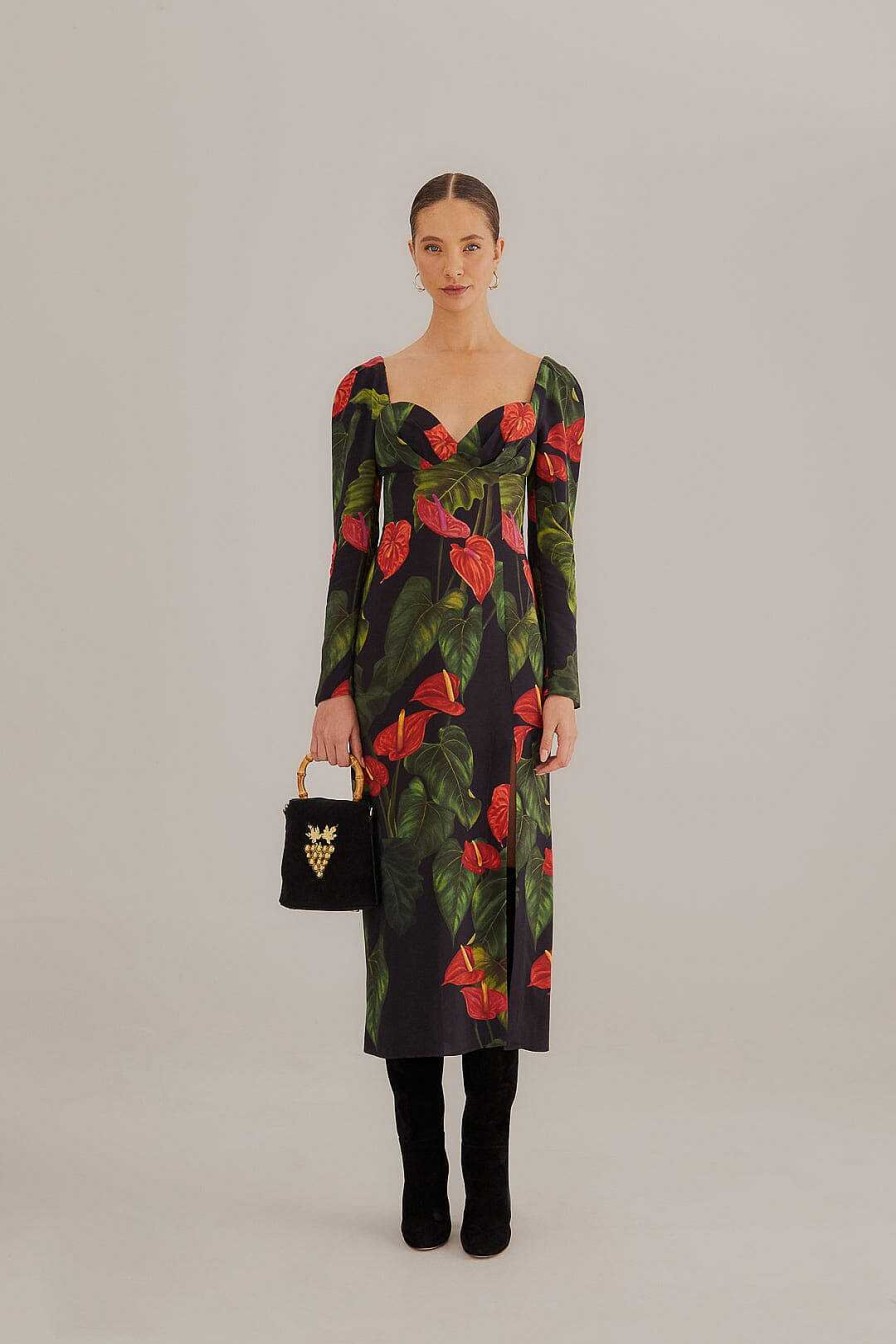 Dresses FARM Rio | Black Anthurium Slit Midi Dress