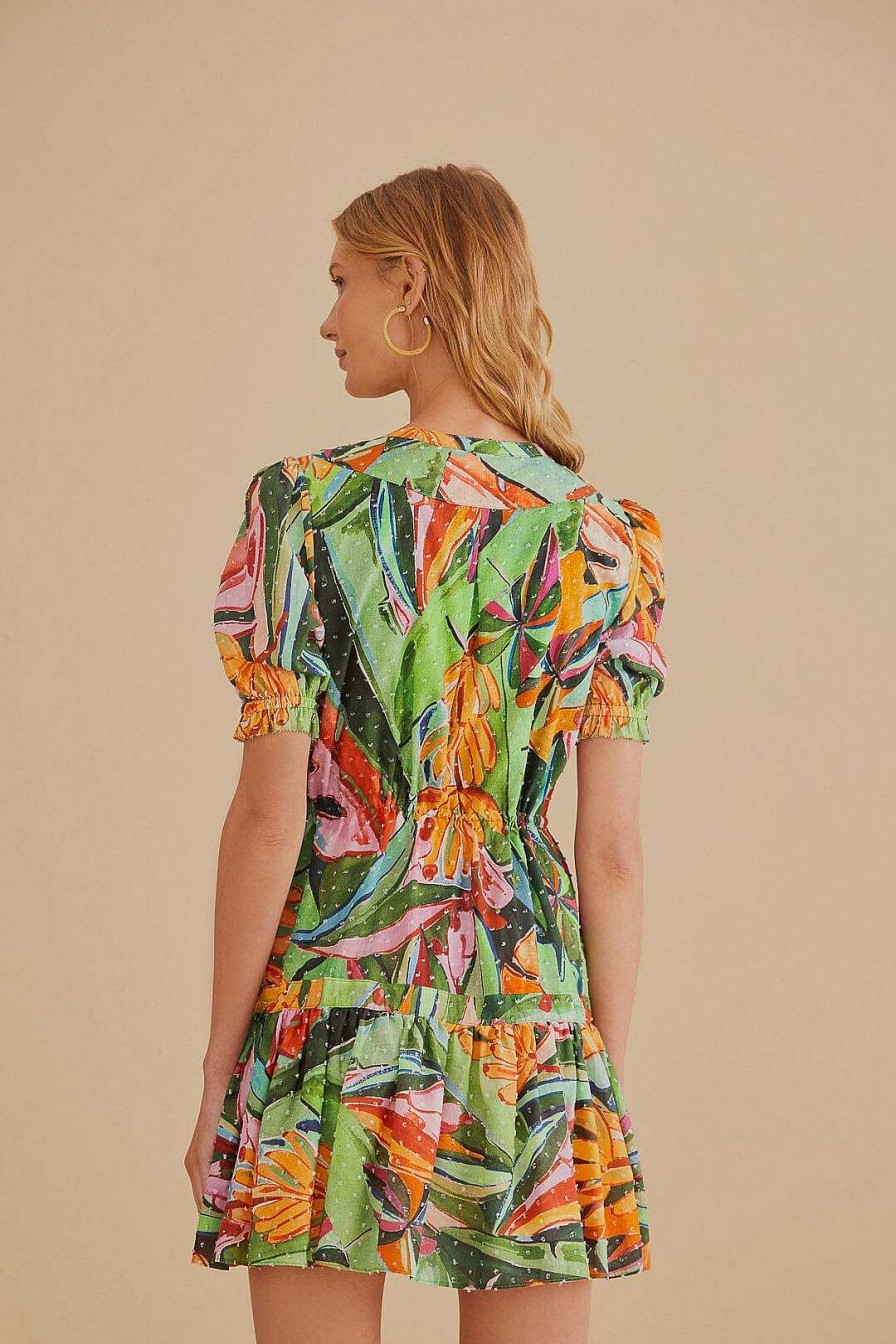 Dresses FARM Rio | Multicolor Banana Foliage Short Sleeve Mini Dress