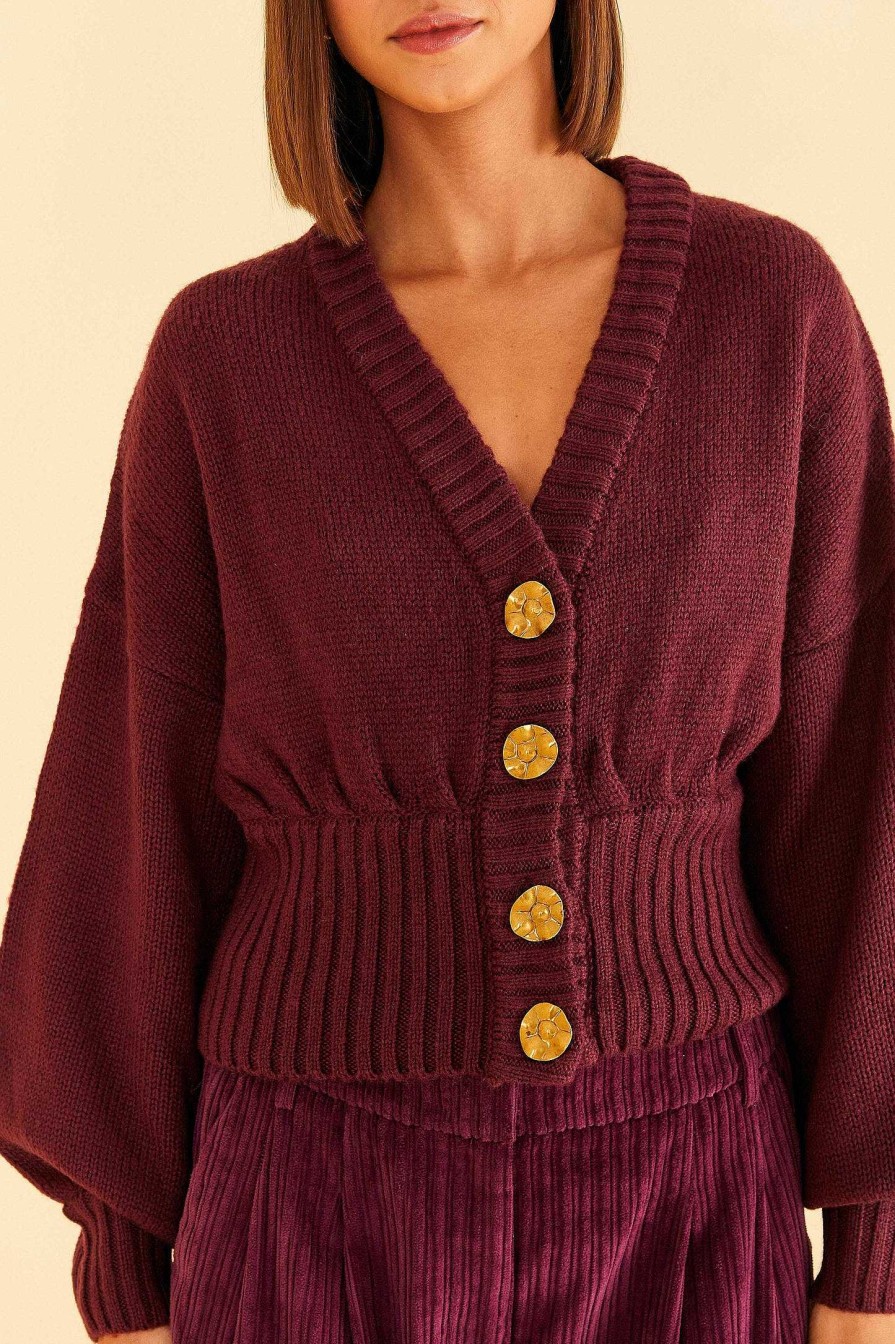 Knitwear FARM Rio | Burgundy Bubble Knit Cardigan