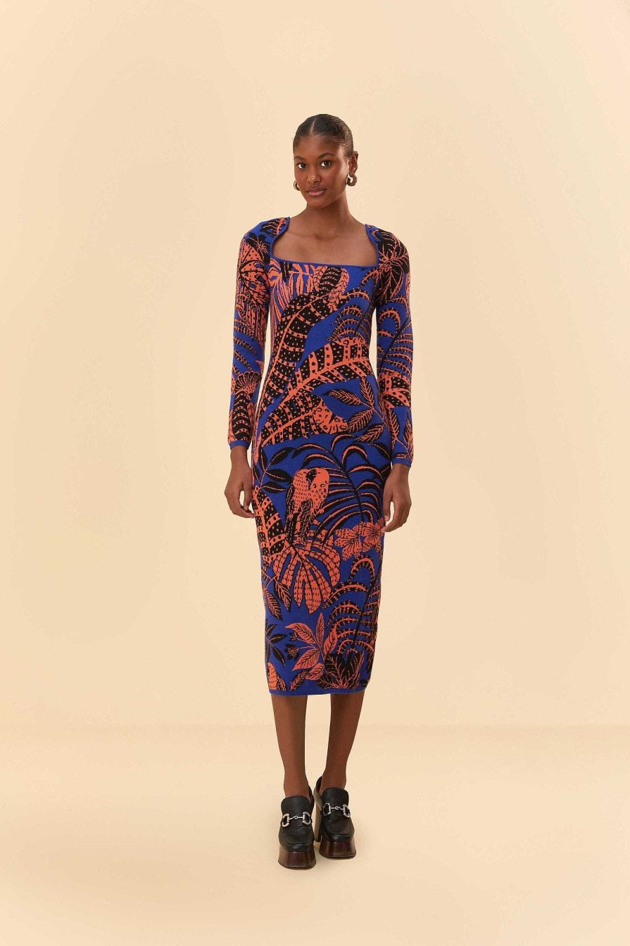 Dresses FARM Rio | Blue Tropical Gold Long Sleeve Dress