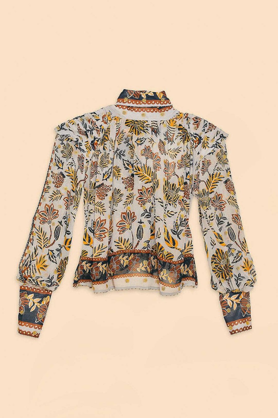 Tops, Shirts & Blouses FARM Rio | Silver Floral Tapestry Long Sleeve Blouse