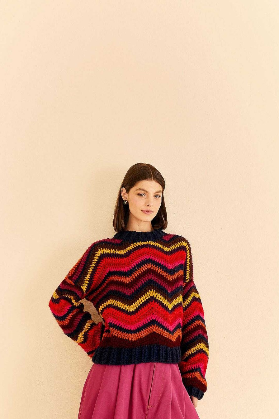 Knitwear FARM Rio | Colorful Waves Crochet High Neck Sweater