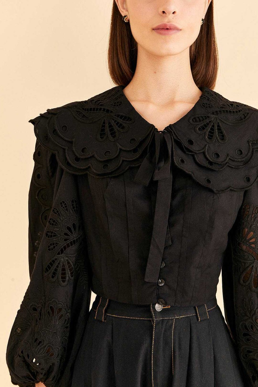 Tops, Shirts & Blouses FARM Rio | Black Richelieu Big Collar Blouse