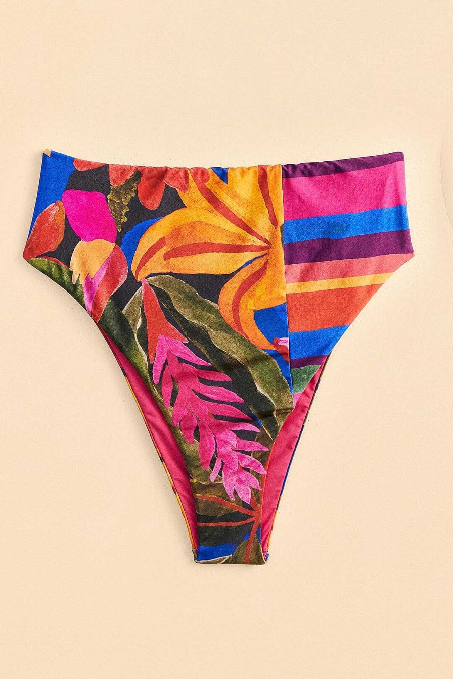 Swimwear FARM Rio | Blue Floral Tropical & Colorful Stripes High Waisted Bikini Bottom