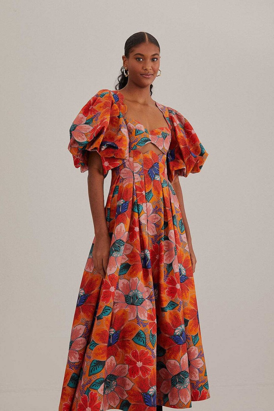 Dresses FARM Rio | Orange Marias Floral Cut-Out Midi Dress