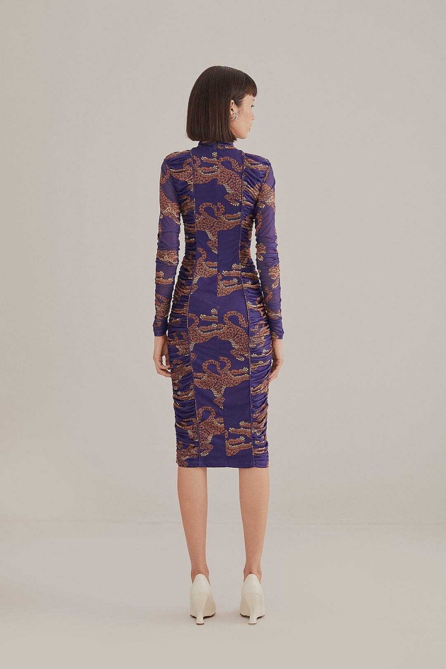 Dresses FARM Rio | Navy Blue Leopards High Neck Midi Dress