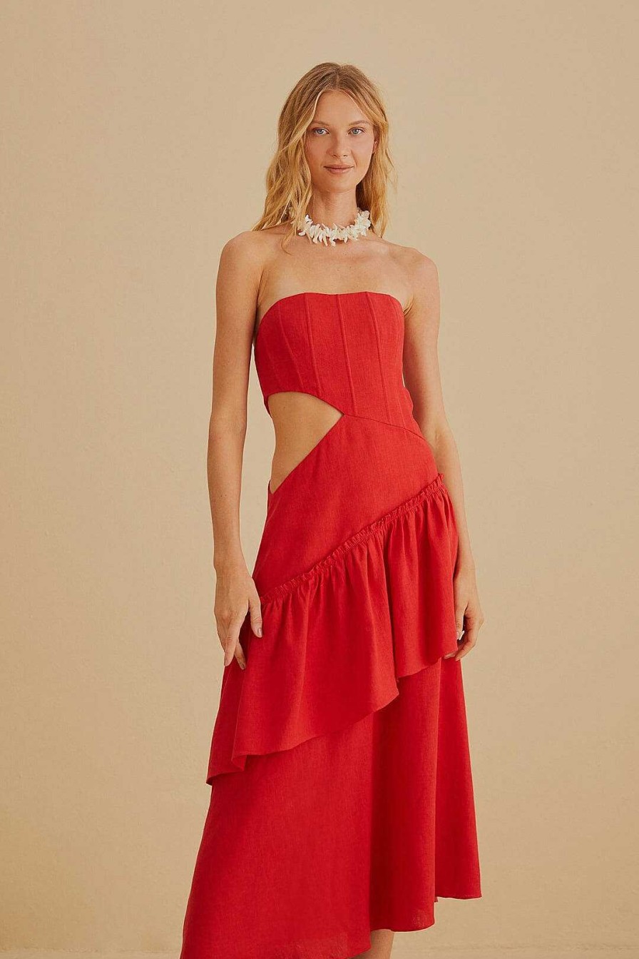 Dresses FARM Rio | Red Cut Out Strapless Midi Dress