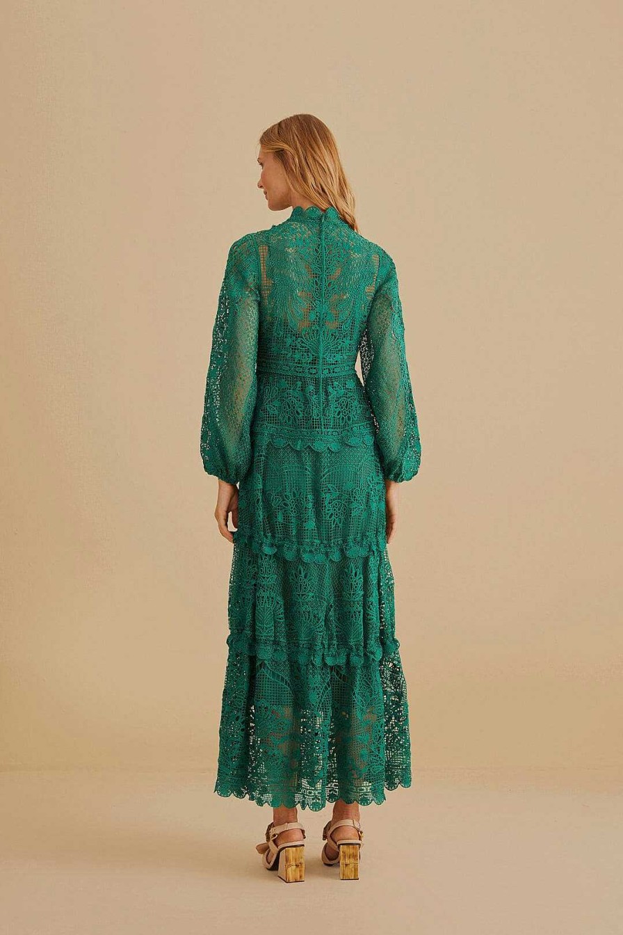 Dresses FARM Rio | Dark Green Guipure Long Sleeve Maxi Dress