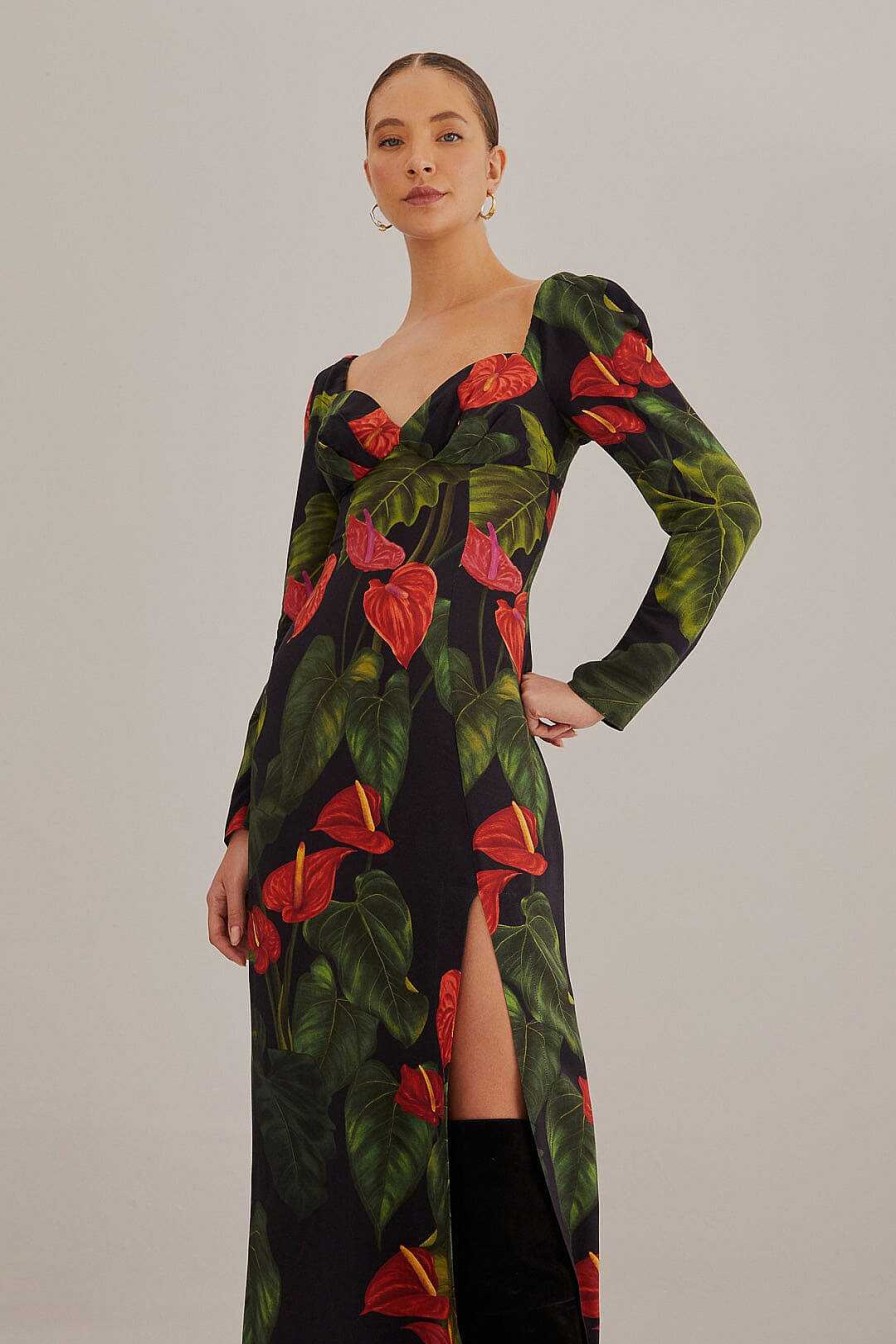 Dresses FARM Rio | Black Anthurium Slit Midi Dress