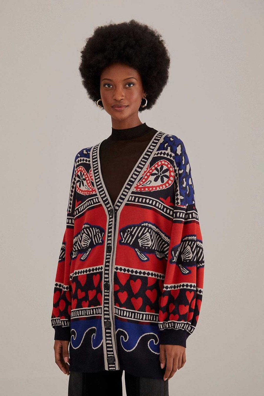 Knitwear FARM Rio | Navy Mixed Prints Knit Cardigan