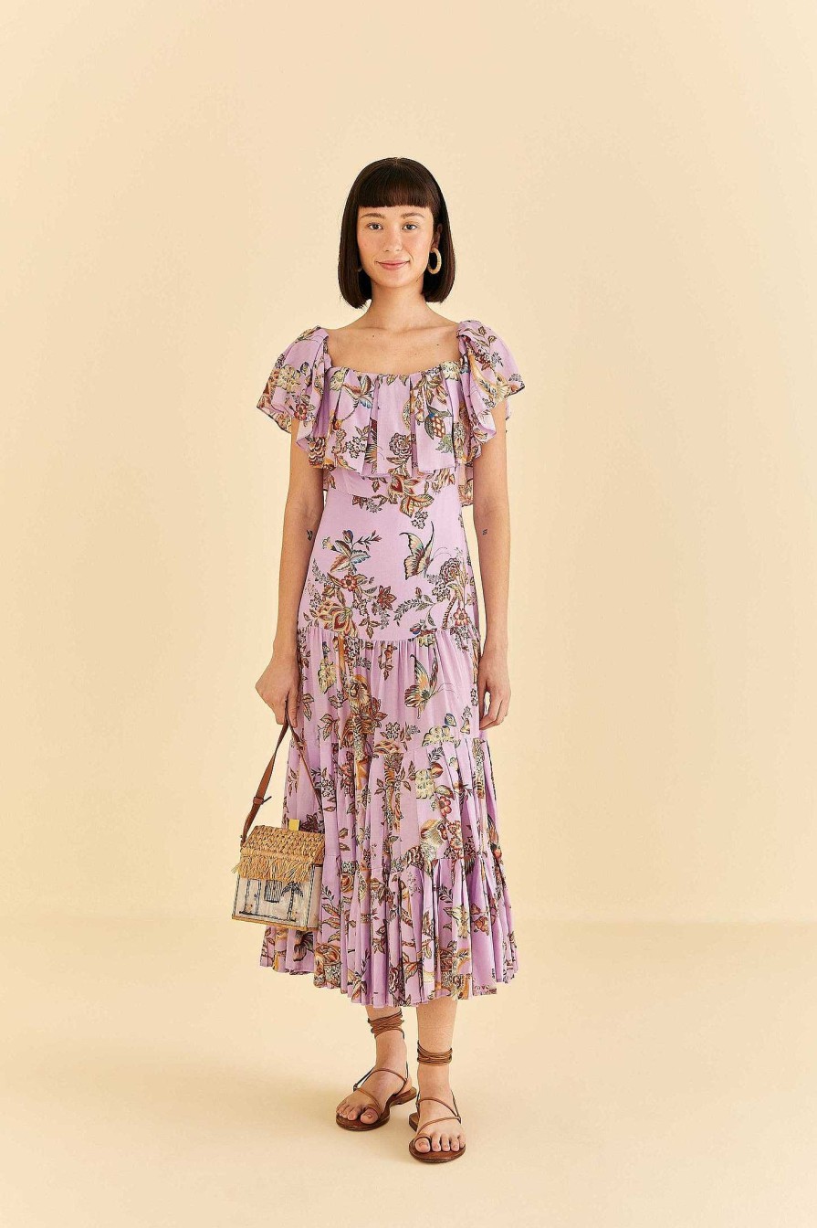 Dresses FARM Rio | Lilac Floral Monkey Short Sleeve Maxi Dress