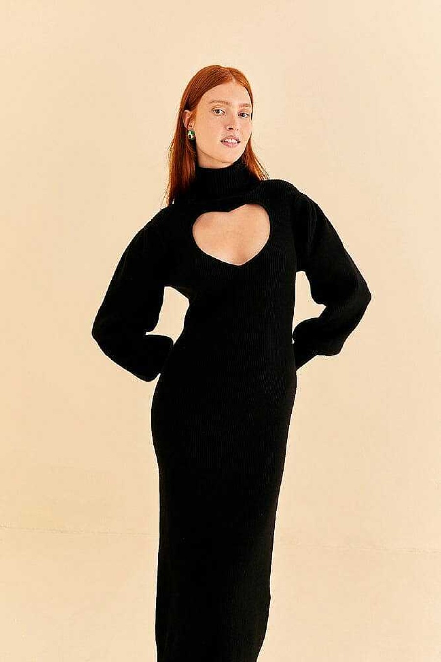 Dresses FARM Rio | Black Heart Neckline Knit Dress