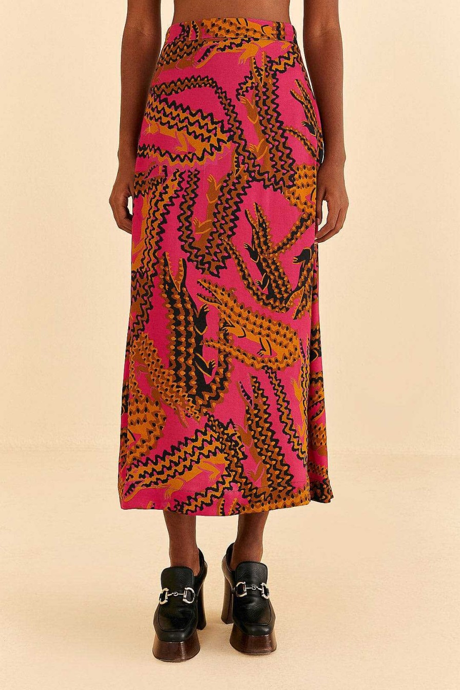 Bottoms FARM Rio | Pink Croco Midi Skirt