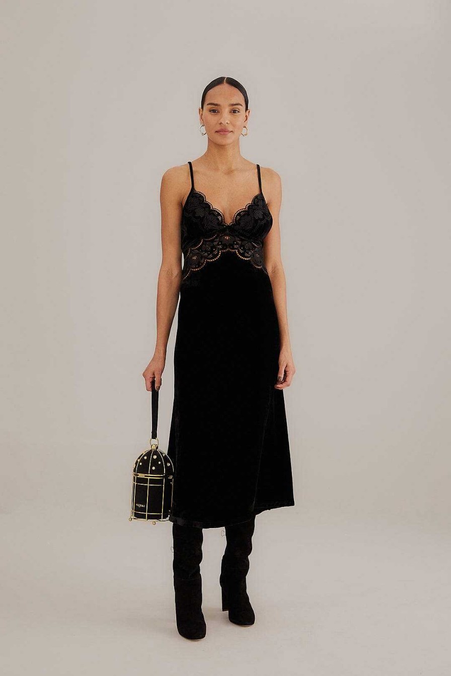 Dresses FARM Rio | Black Richelieu Velvet Slip Dress