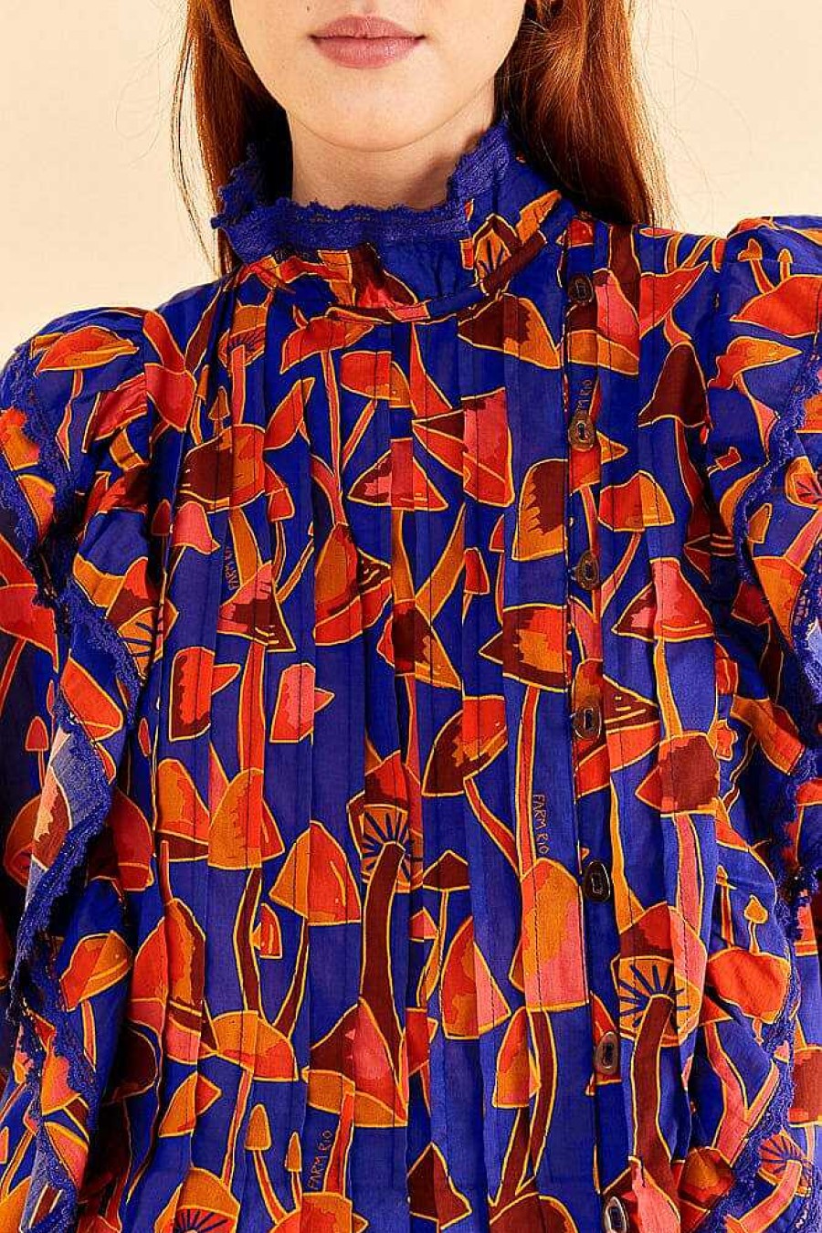 Tops, Shirts & Blouses FARM Rio | Bright Blue Mushroom Sketch Blouse