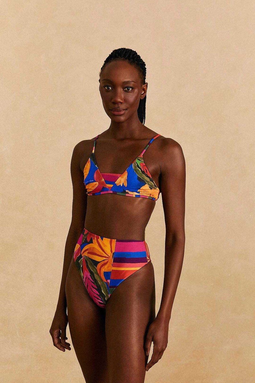 Swimwear FARM Rio | Blue Floral Tropical & Colorful Stripes Bikini Top