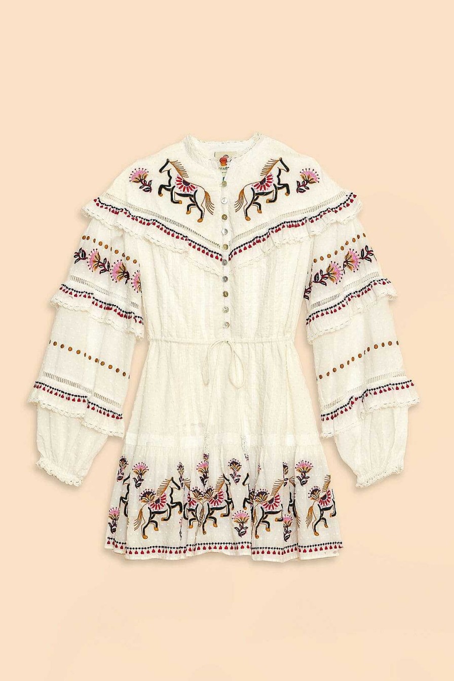 Dresses FARM Rio | Off-White Embroidered Horses Ruffle Mini Dress