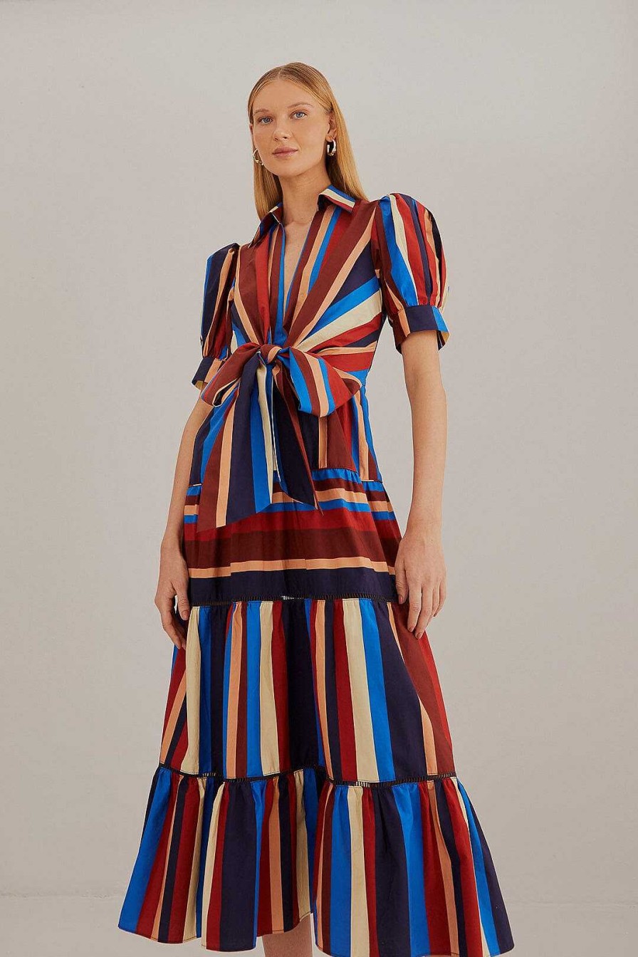 Dresses FARM Rio | Multicolor Winter Stripes Short Sleeve Midi Dress