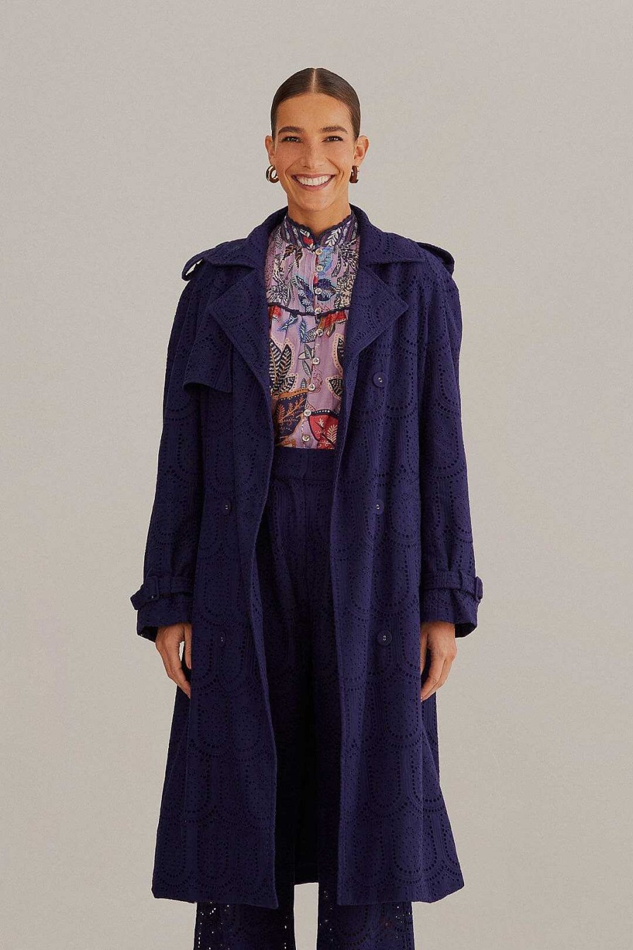 Outerwear FARM Rio | Navy Blue Pineapple Cotton Eyelet Trench Coat