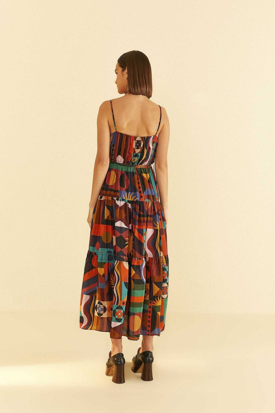 Dresses FARM Rio | Multicolor Tropical Shapes Sleeveless Midi Dress