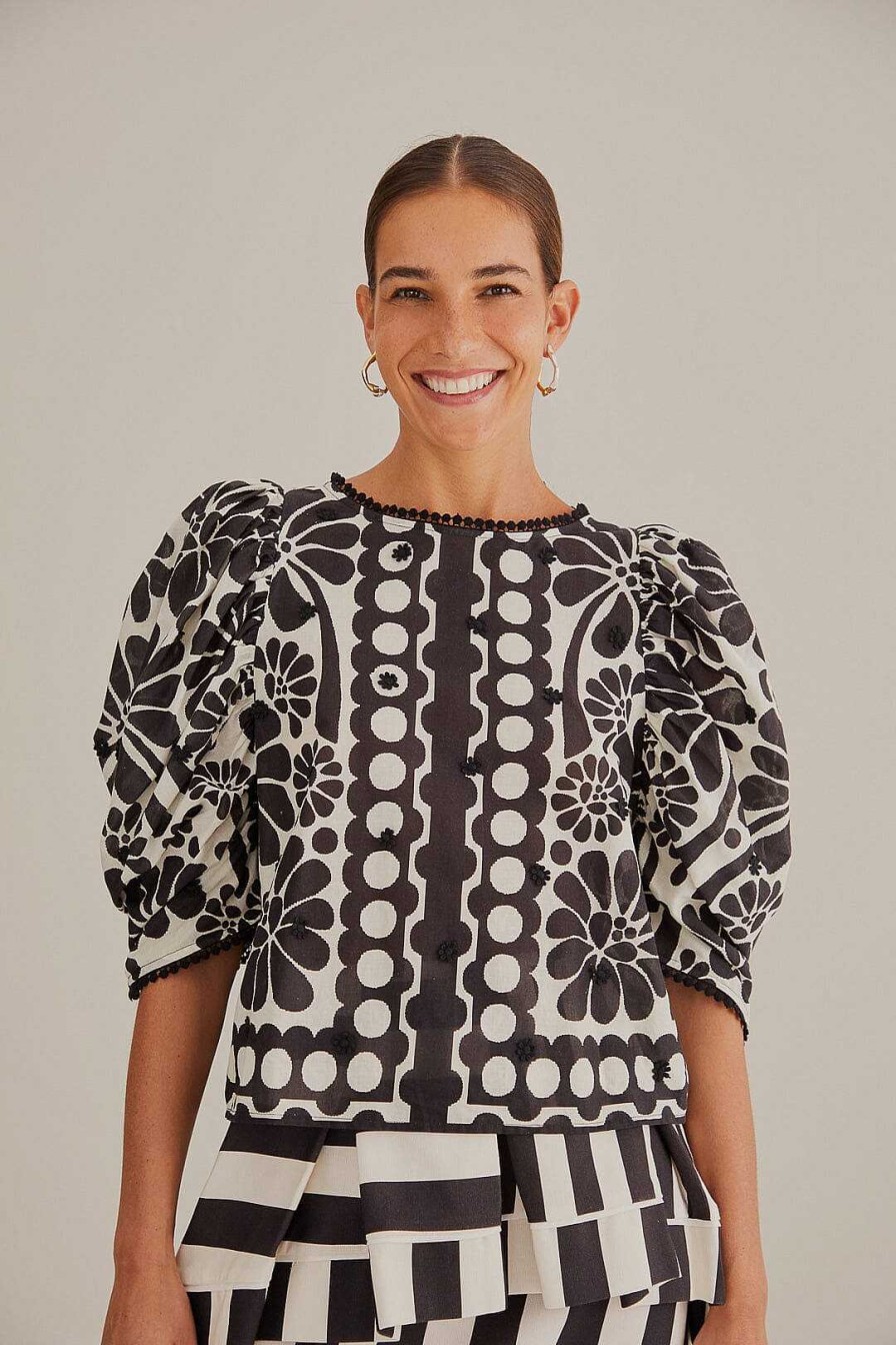 Tops, Shirts & Blouses FARM Rio | Black Palermo Puff Sleeve Blouse