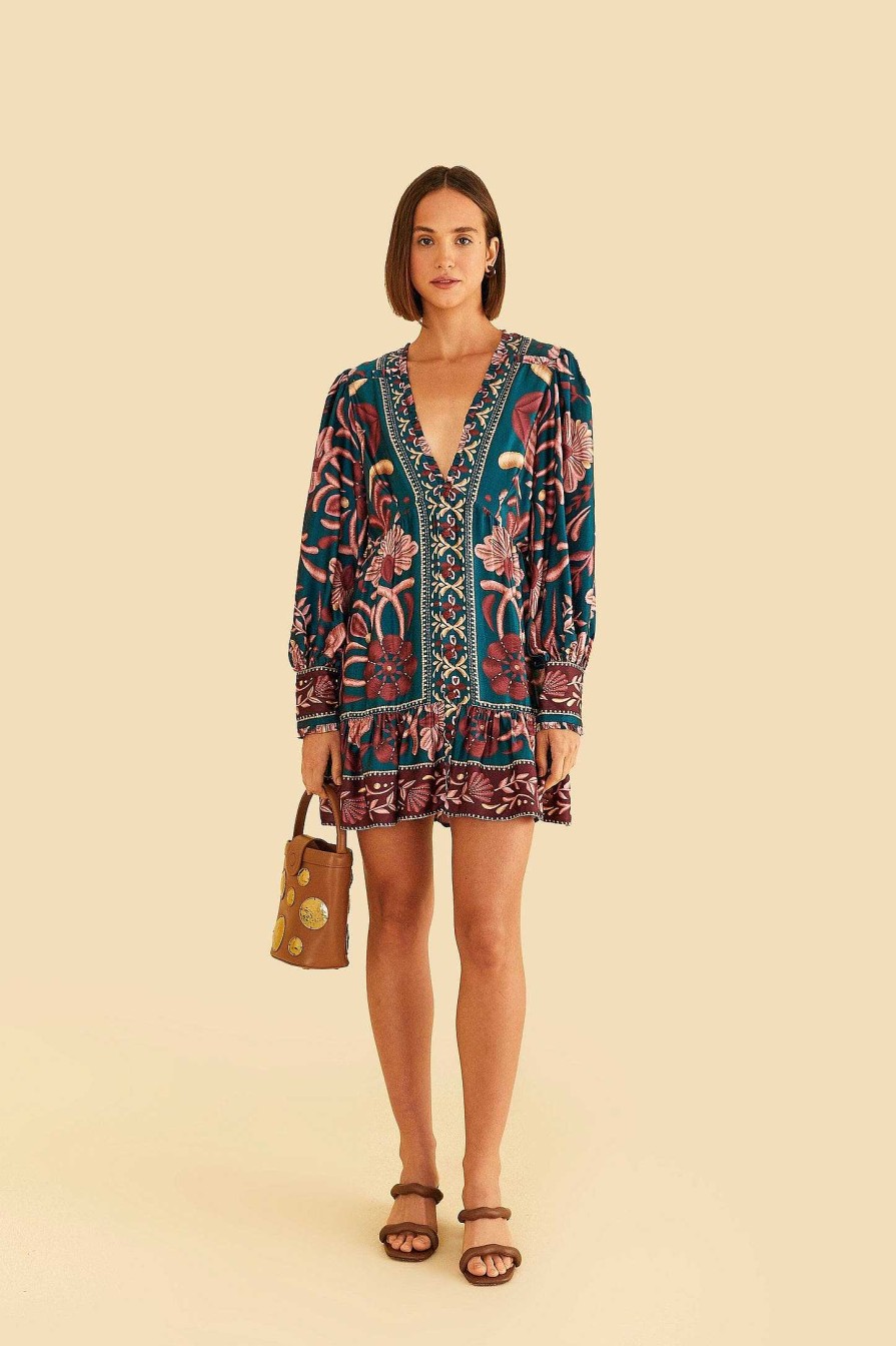 Dresses FARM Rio | Teal Seashell Tapestry Lenzing Ecovero Viscose Mini Dress