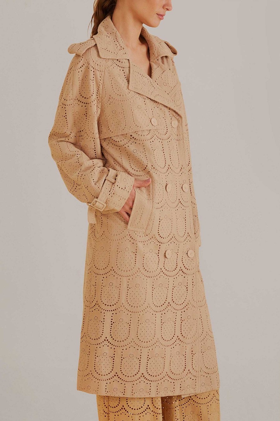 Outerwear FARM Rio | Khaki Pineapple Cotton Eyelet Trench Coat