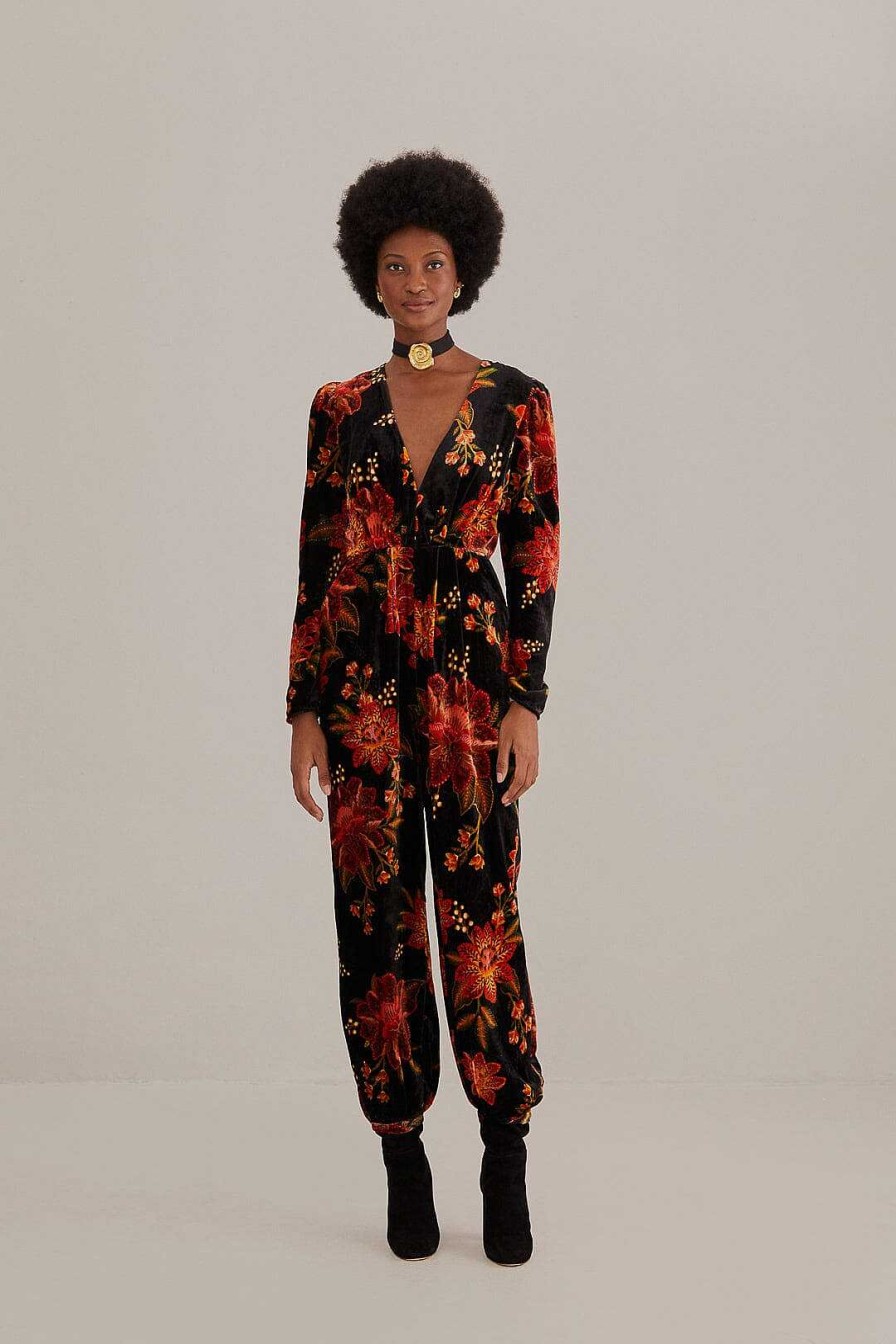 Jumpsuits & Rompers FARM Rio | Black Winter Bloom V Neck Jumpsuit