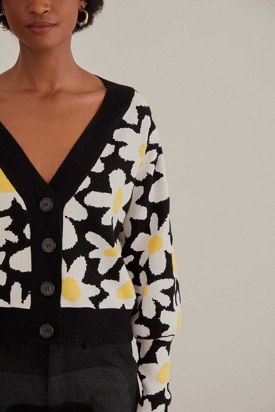 Knitwear FARM Rio | Black Flowers Knit Cardigan