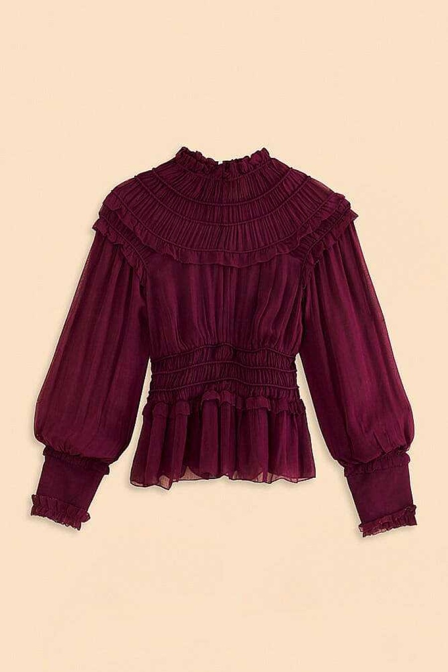 Tops, Shirts & Blouses FARM Rio | Burgundy Ruffle High Neck Blouse