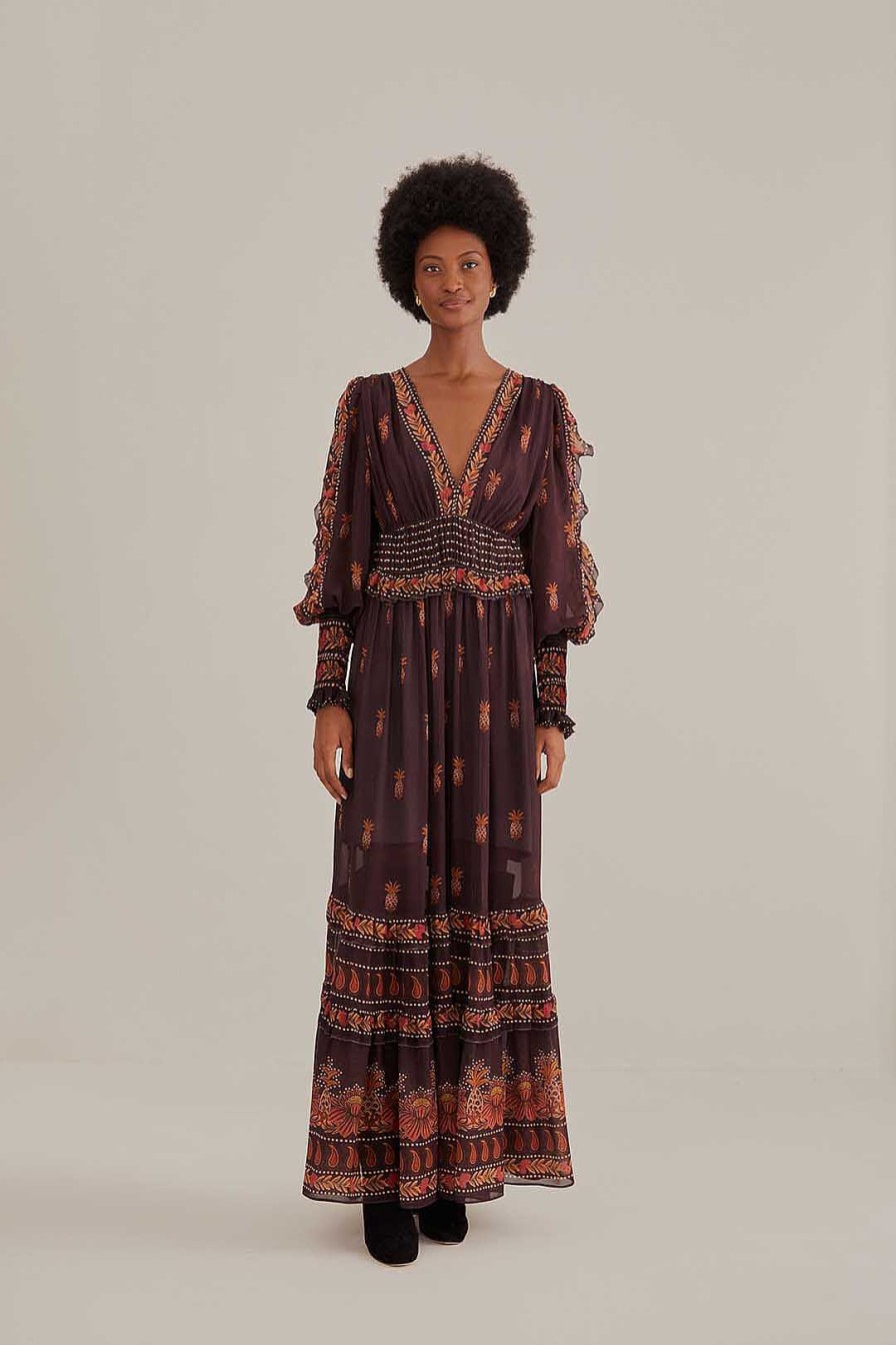 Dresses FARM Rio | Brown Paisley Bloom Long Sleeve Maxi Dress