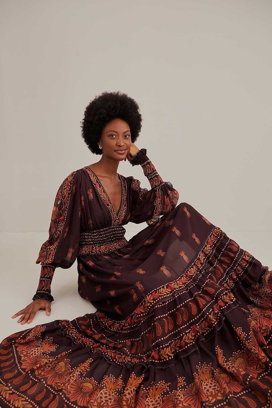 Dresses FARM Rio | Brown Paisley Bloom Long Sleeve Maxi Dress