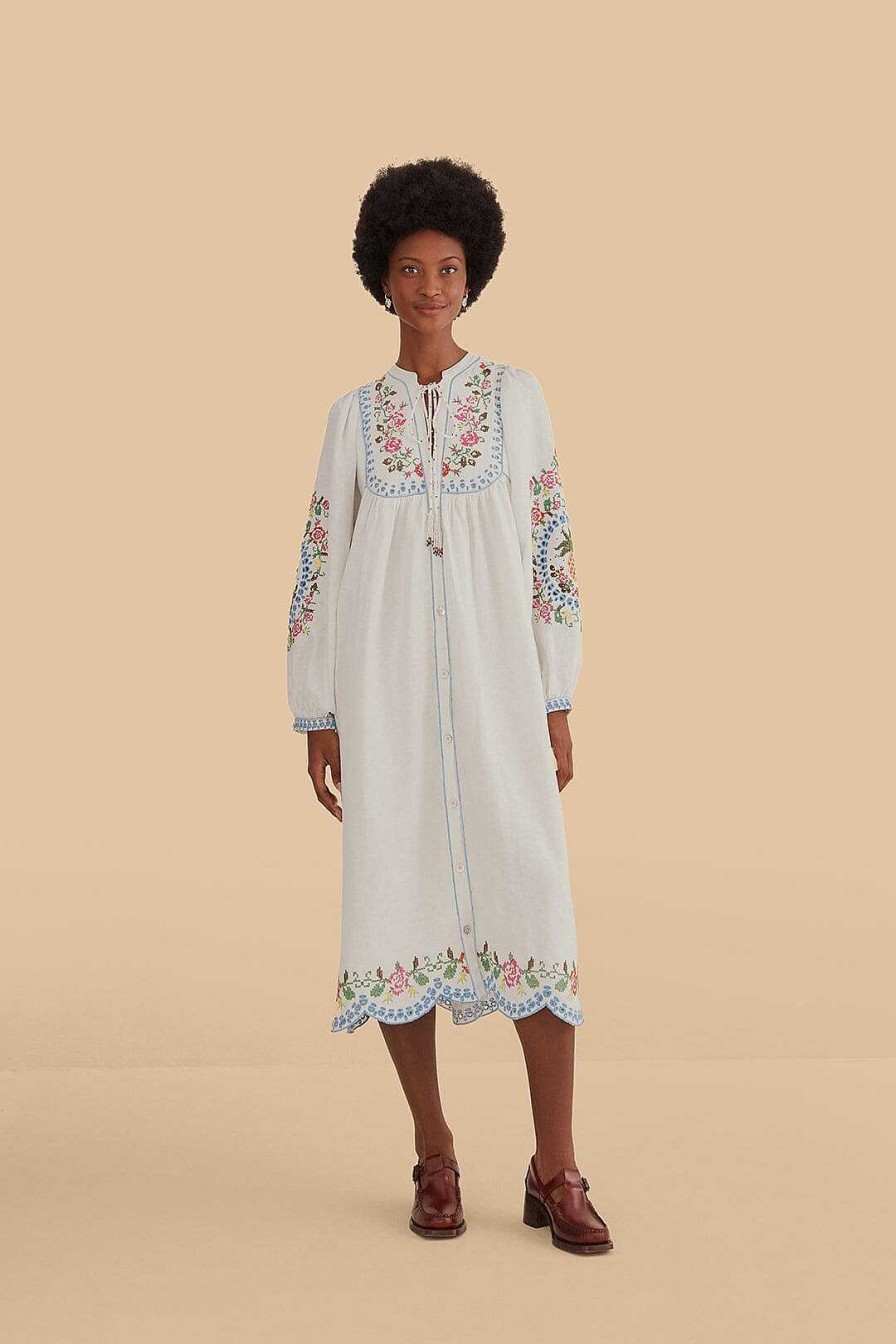 Dresses FARM Rio | Off-White Embroidered Midi Dress