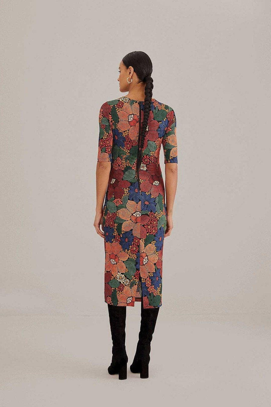 Dresses FARM Rio | Black Stitched Flowers Lenzing Ecovero Viscose Midi Dress