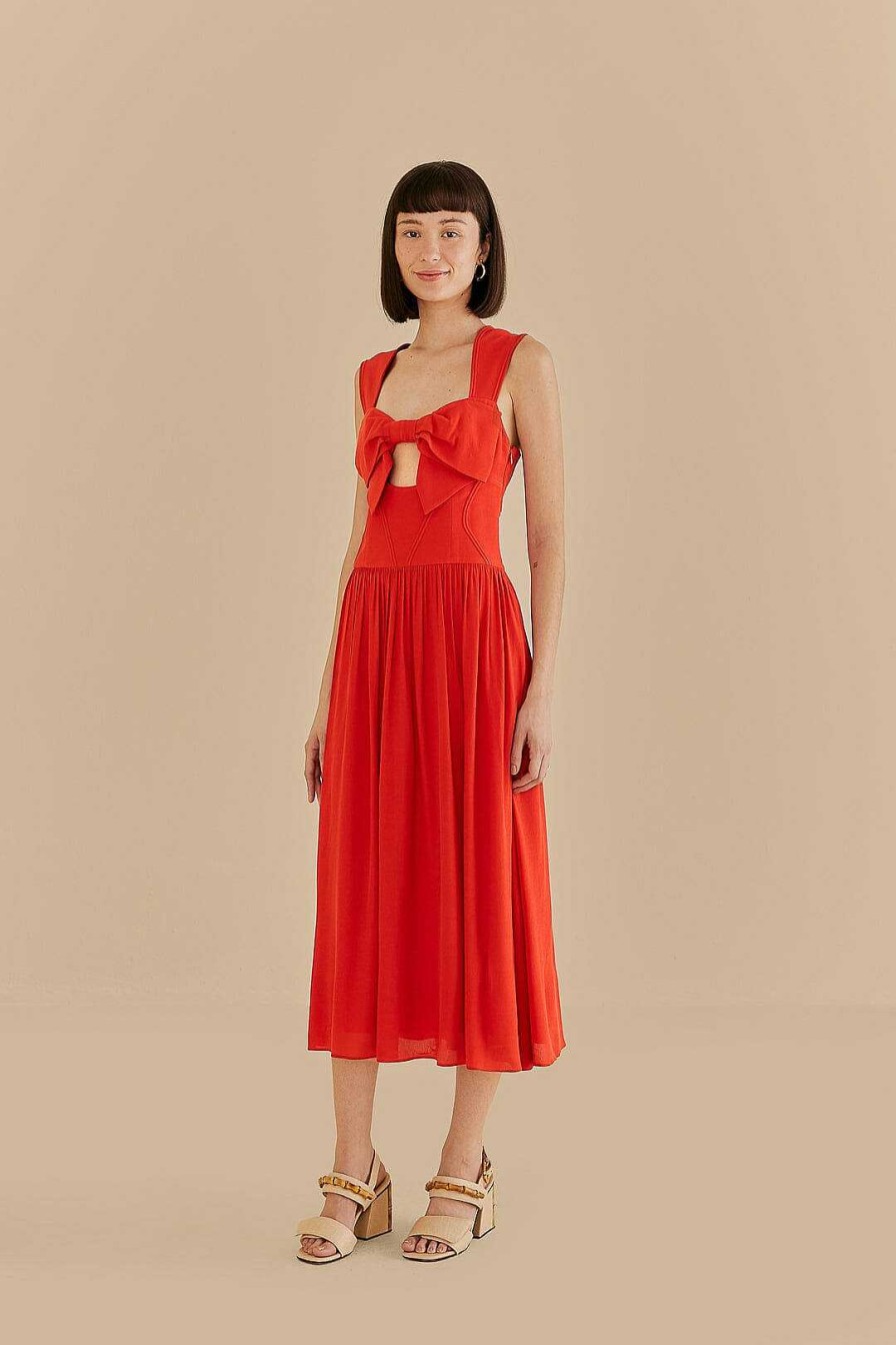 Dresses FARM Rio | Red Bow Sleeveless Midi Dress