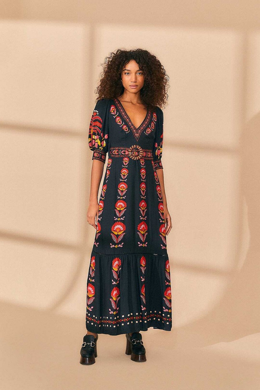 Dresses FARM Rio | Black Palms Party Short Sleeve Maxi Dress