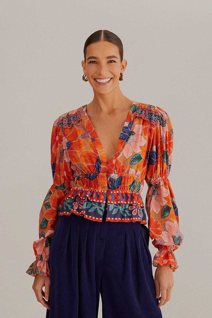 Tops, Shirts & Blouses FARM Rio | Orange Marias Floral Long Sleeve Blouse