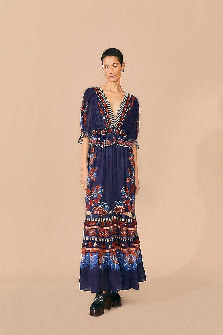 Dresses FARM Rio | Blue Nature Beauty Short Sleeve Maxi Dress