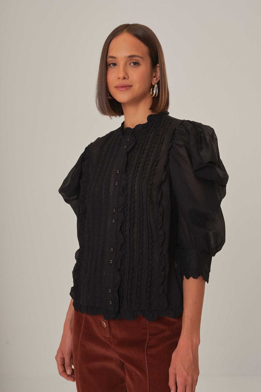 Tops, Shirts & Blouses FARM Rio | Black Short Sleeve Pleated Blouse